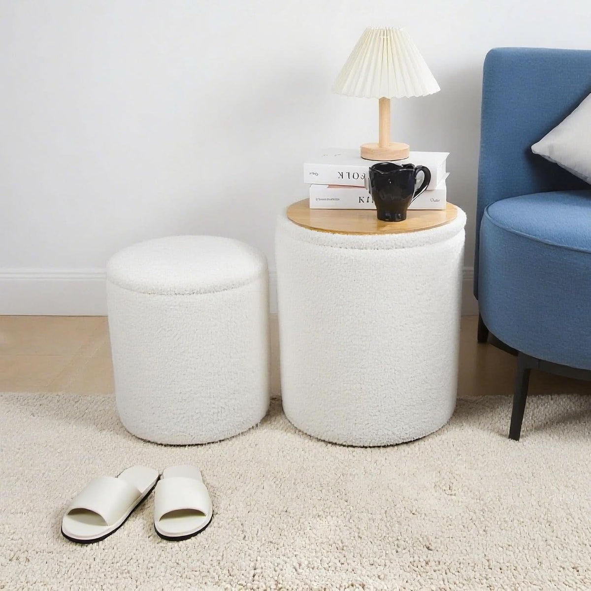 Round Storage Ottoman Reversible Tray Lid Ivory White