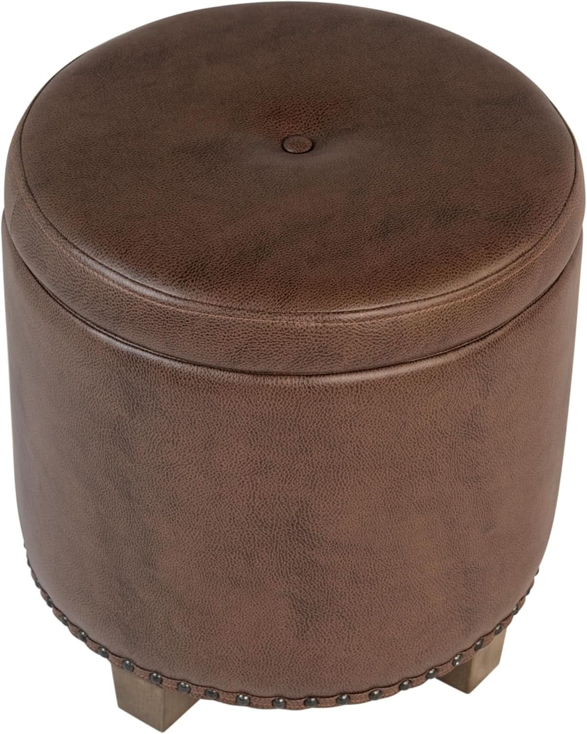 Round Storage Ottoman With Nailhead-Trim Brown Faux Leather