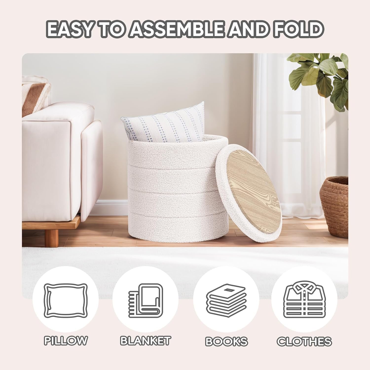Round Storage Ottoman With Tray White VelvetFabric