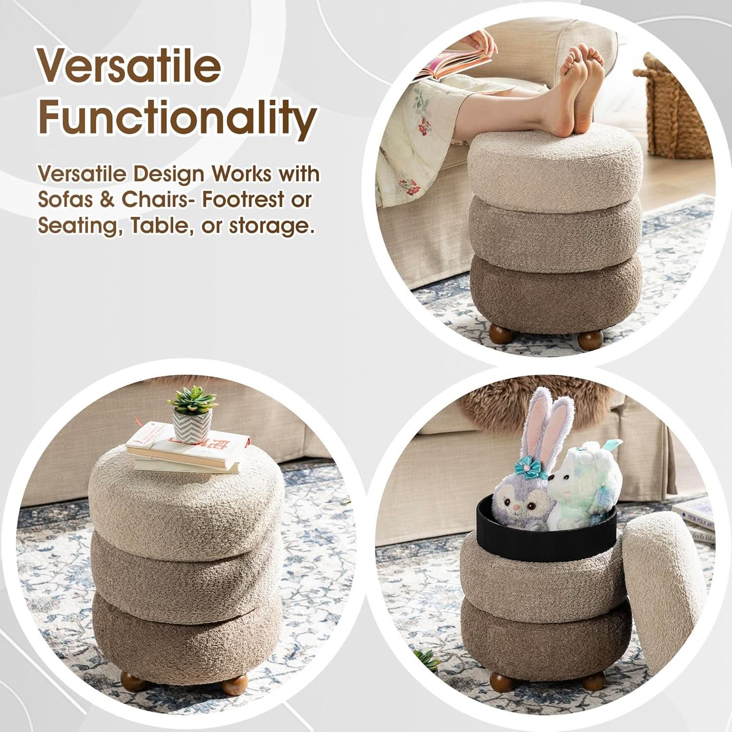 Round Upholstered Ottoman With Storage Gradient Brown