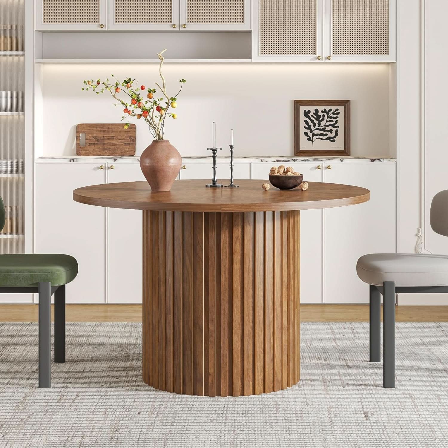 Round Walnut Dining Table 47 Inch With Wood Strip Base