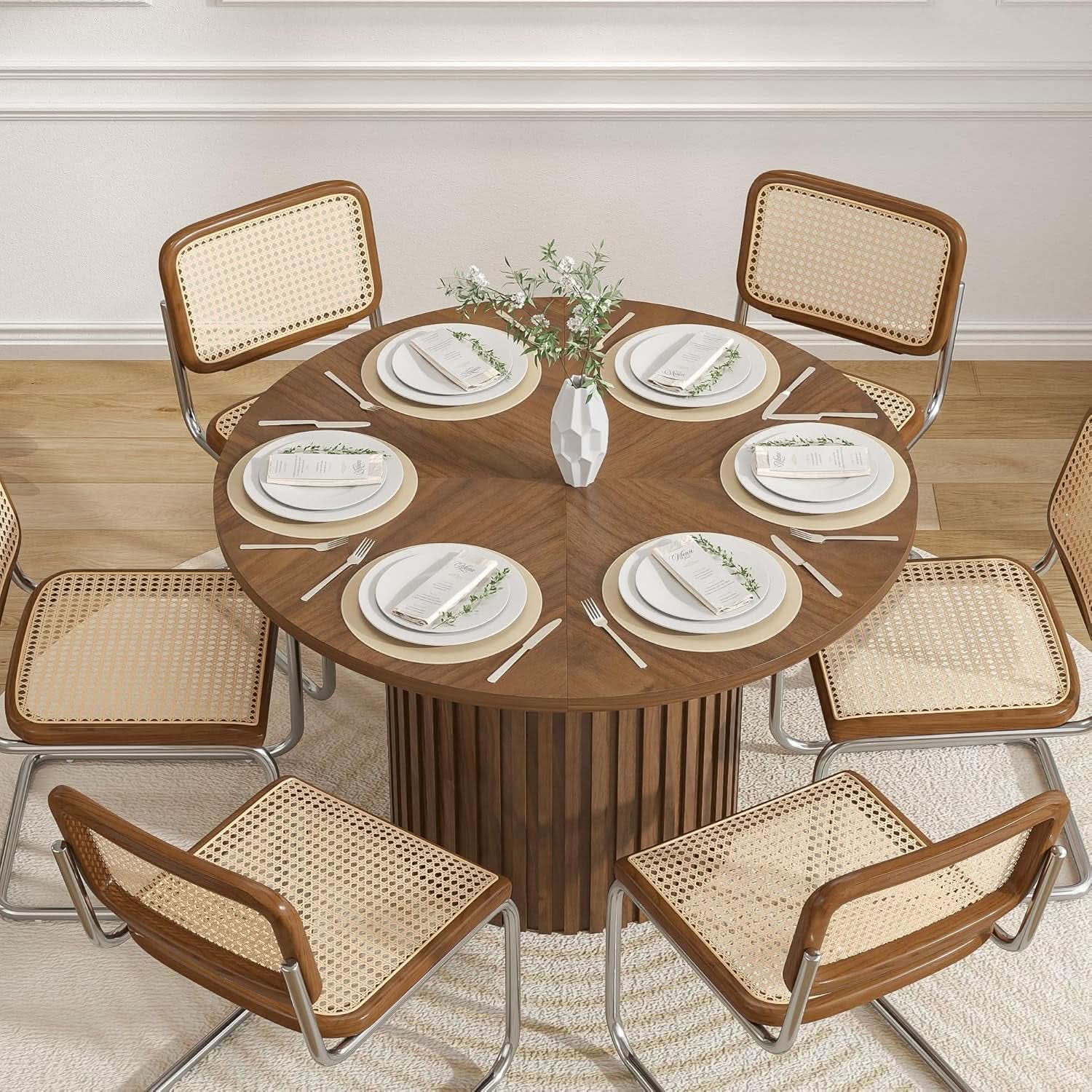 Round Walnut Dining Table 47 Inch With Wood Strip Base