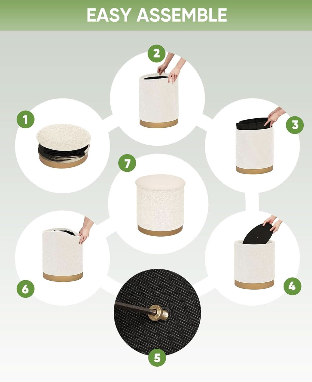 Round White Storage Space Ottoman Gold Plated Base Frame