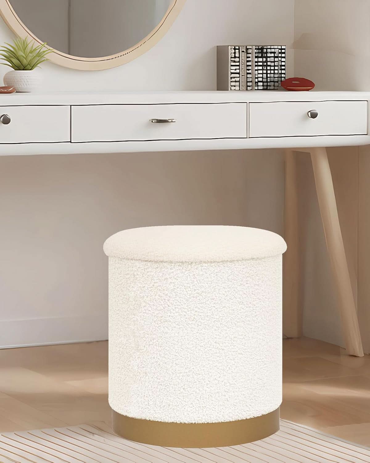 Round White Storage Space Ottoman Gold Plated Base Frame
