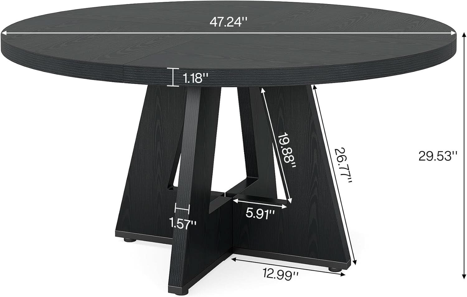 Round Wood Dining Table Farmhouse 47 Inch For Dining Room With Cross Base Black