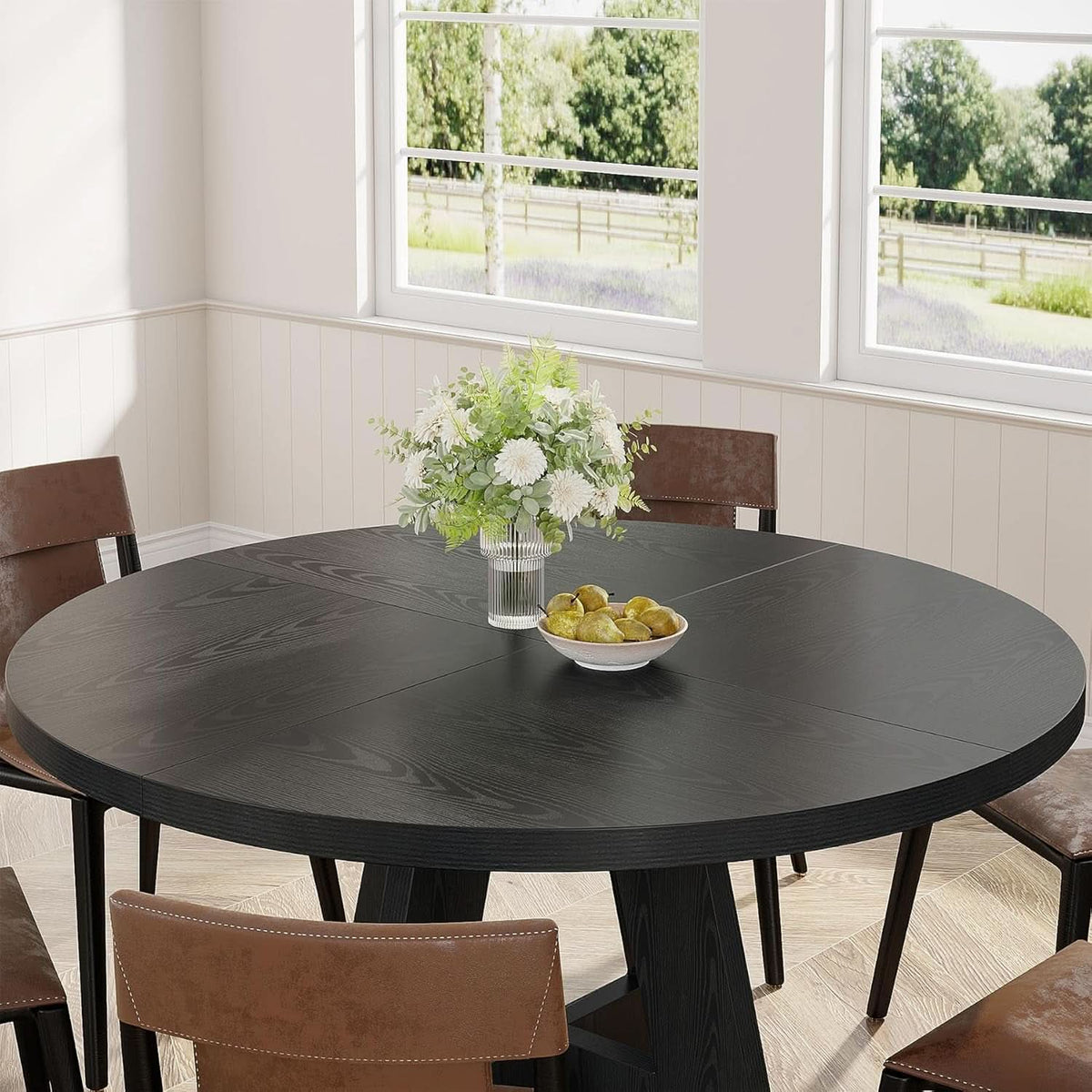 Round Wood Dining Table Farmhouse 47 Inch For Dining Room With Cross Base Black