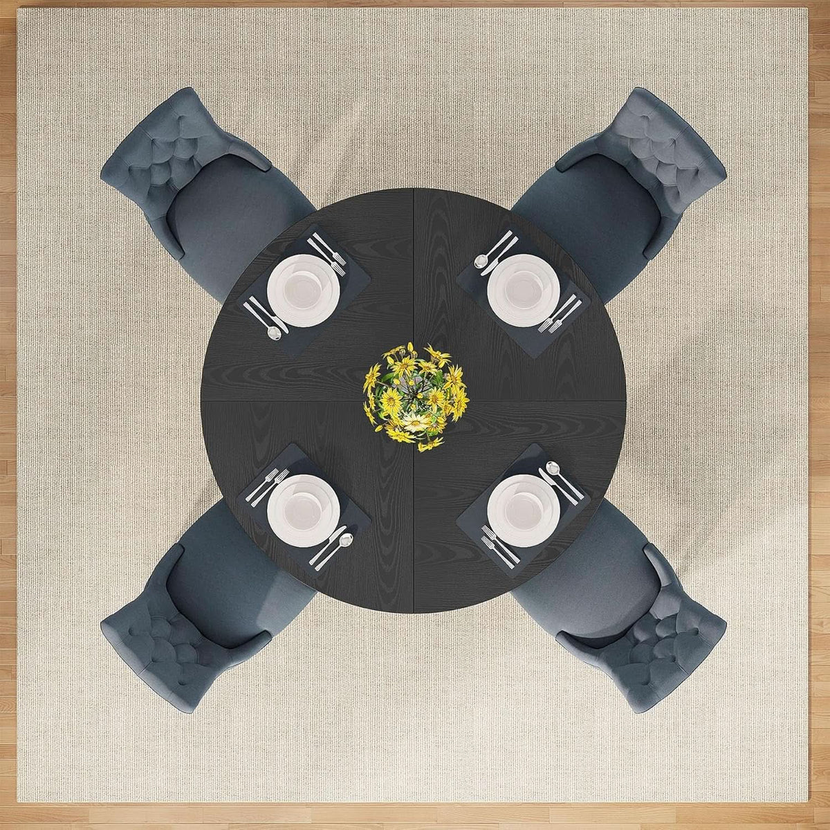 Round Wood Dining Table Farmhouse 47 Inch For Dining Room With Cross Base Black