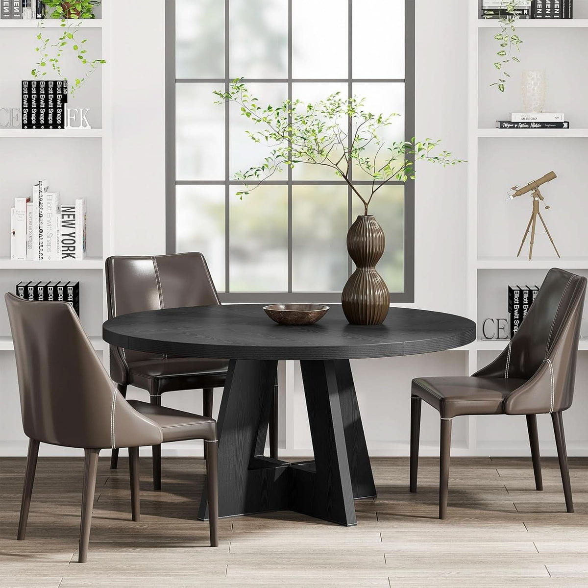 Round Wood Dining Table Farmhouse 47 Inch For Dining Room With Cross Base Black