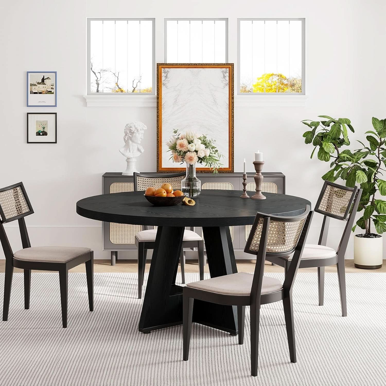 Round Wood Dining Table Farmhouse 47 Inch For Dining Room With Cross Base Black
