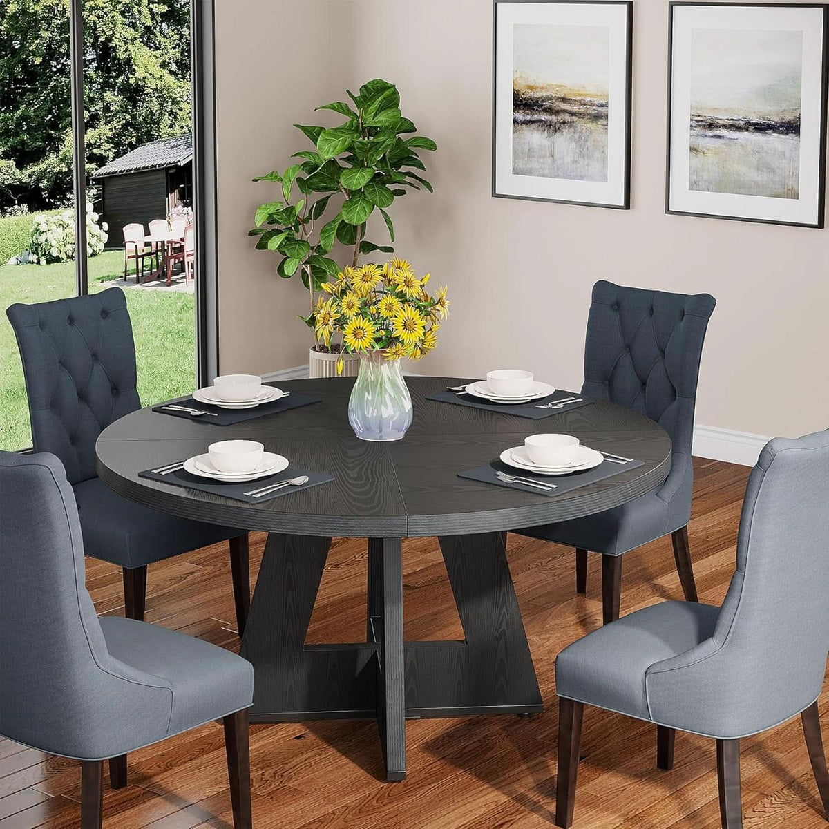 Round Wood Dining Table Farmhouse 47 Inch For Dining Room With Cross Base Black
