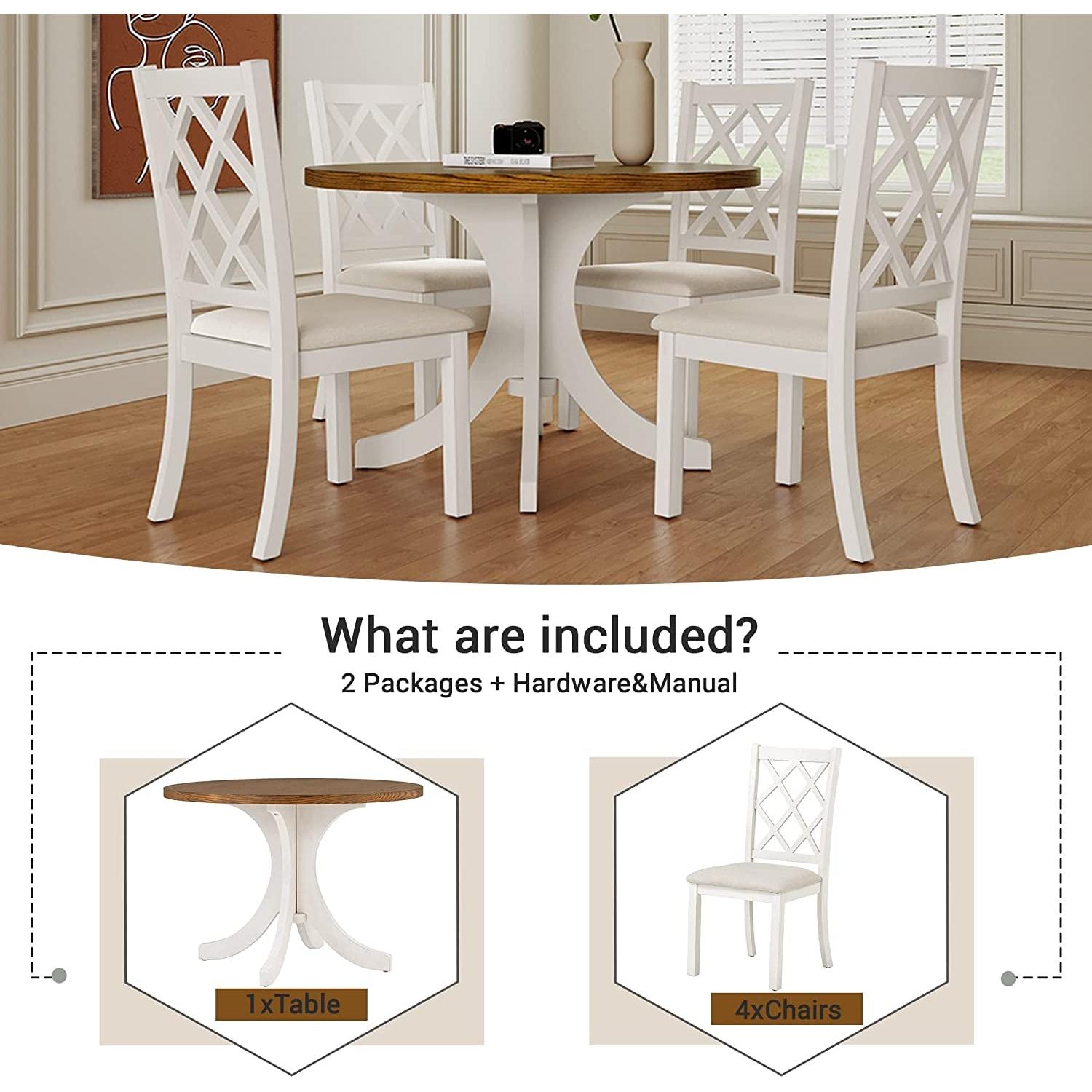 Round Wood Dining Table Set For 4 With Cross Back Chairs