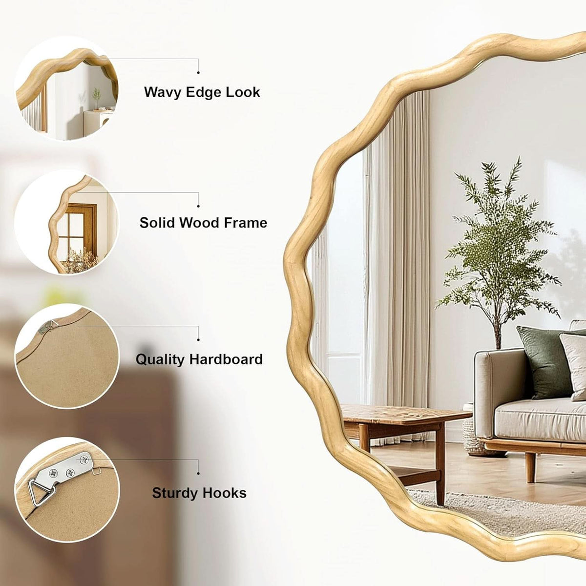 Round Wood Wall Mirror 24 Inch Shatterproof Glass Mounted