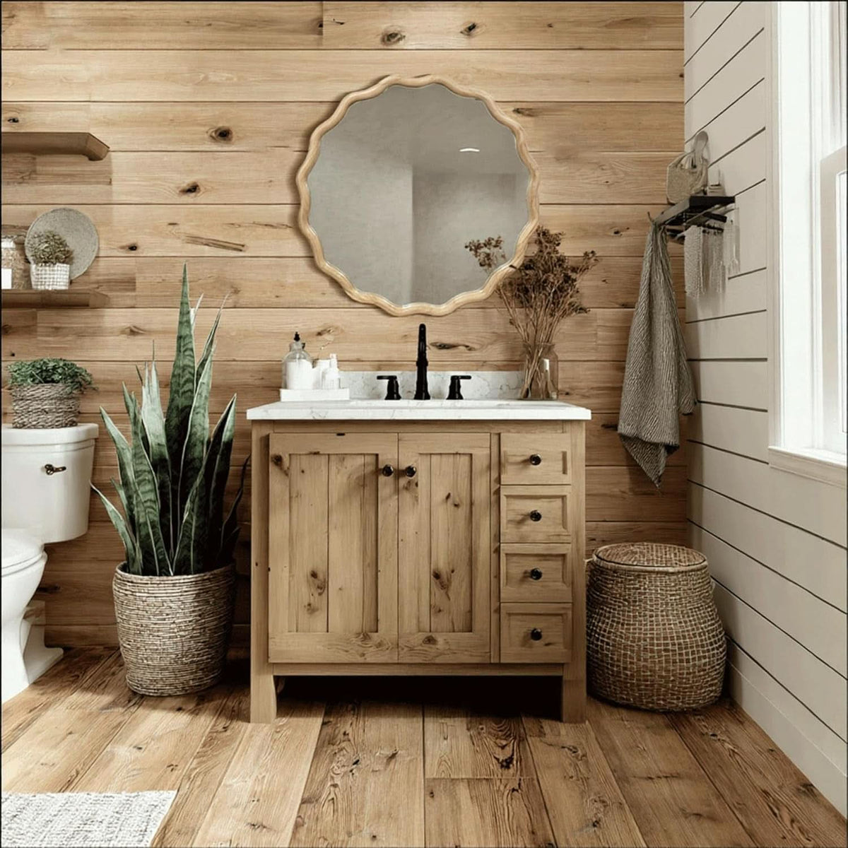 Round Wood Wall Mirror 24 Inch Shatterproof Glass Mounted