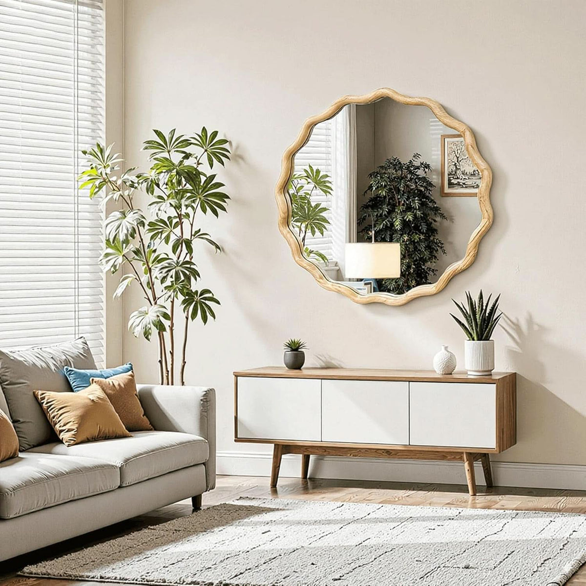 Round Wood Wall Mirror 24 Inch Shatterproof Glass Mounted