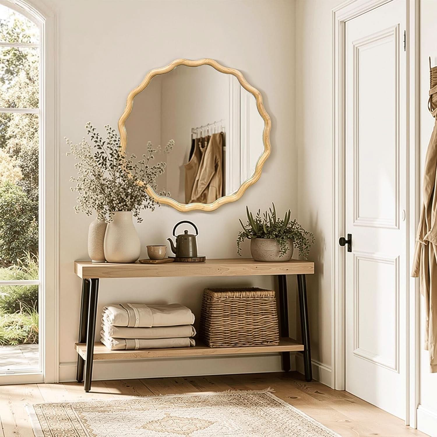 Round Wood Wall Mirror 24 Inch Shatterproof Glass Mounted