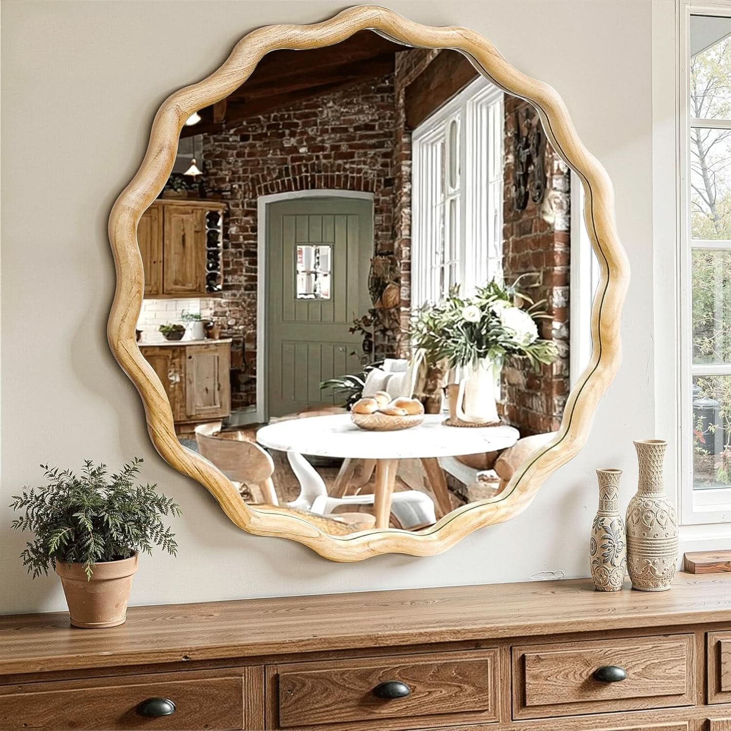 Round Wood Wall Mirror 24 Inch Shatterproof Glass Mounted