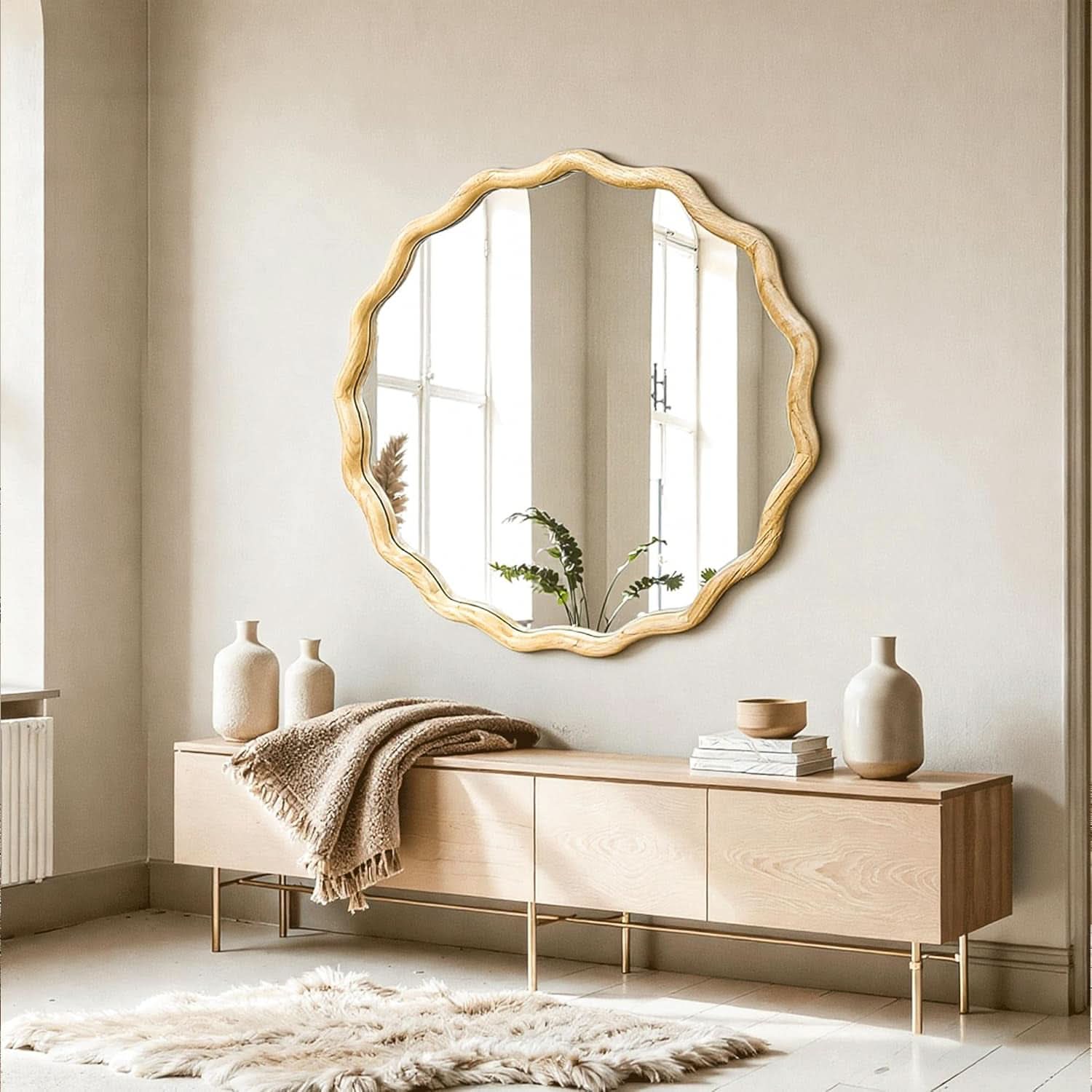 Round Wood Wall Mirror 24 Inch Shatterproof Glass Mounted