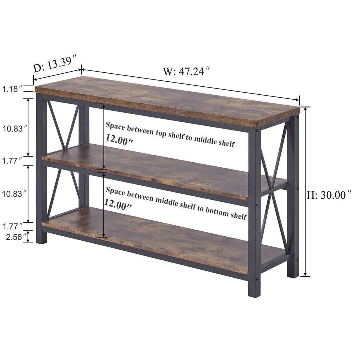 Rustic 47 Inch 3 Tier Sofa Console Table With Open Shelves