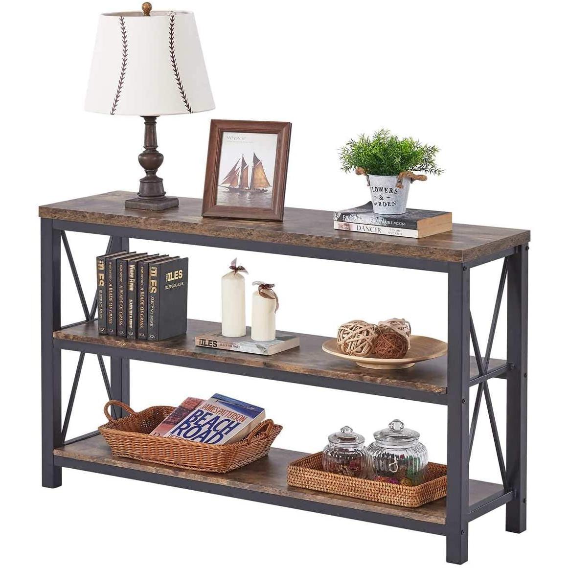Rustic 47 Inch 3 Tier Sofa Console Table With Open Shelves