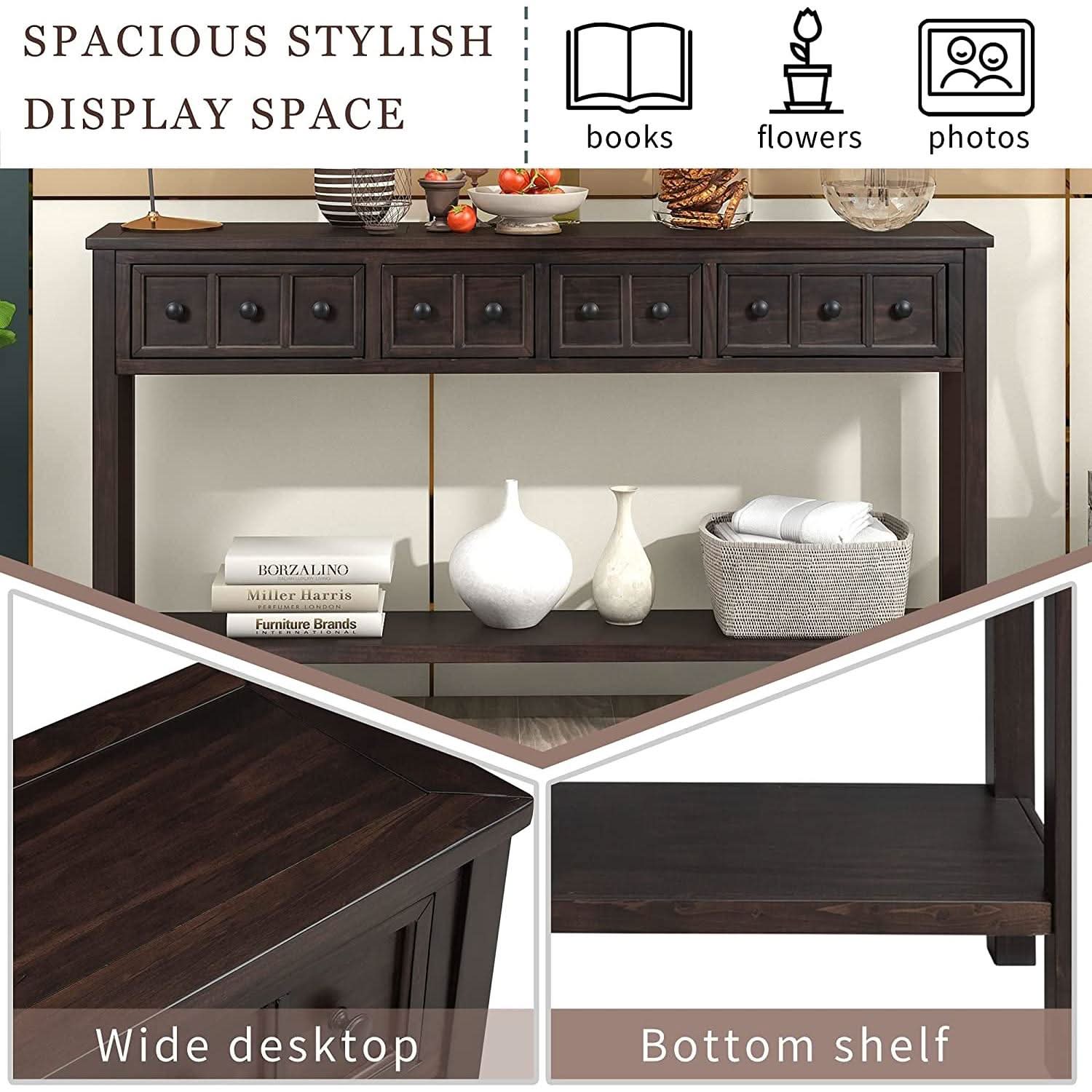 Rustic 60 Inch Console Table With Drawers And Shelf