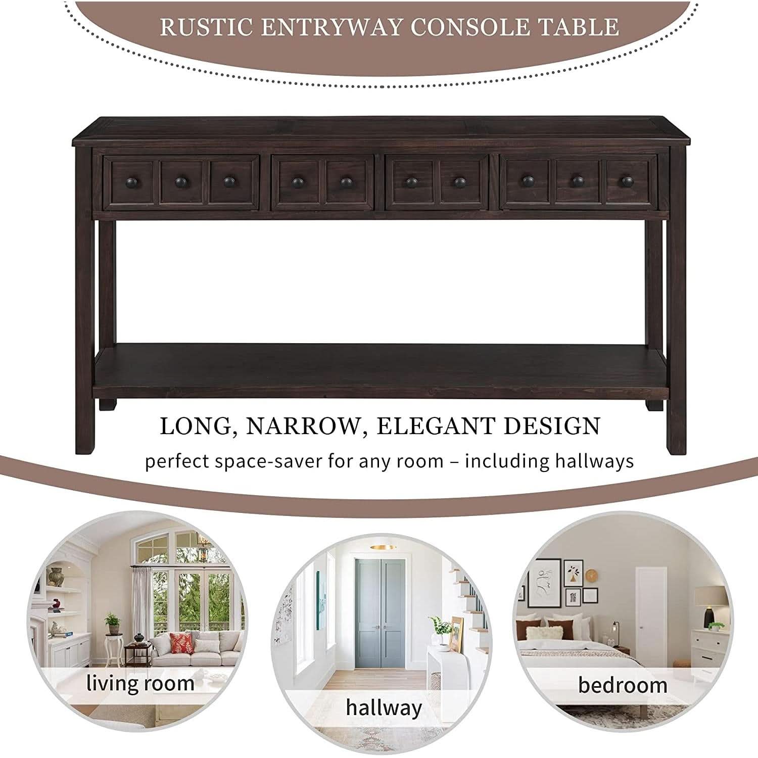 Rustic 60 Inch Console Table With Drawers And Shelf