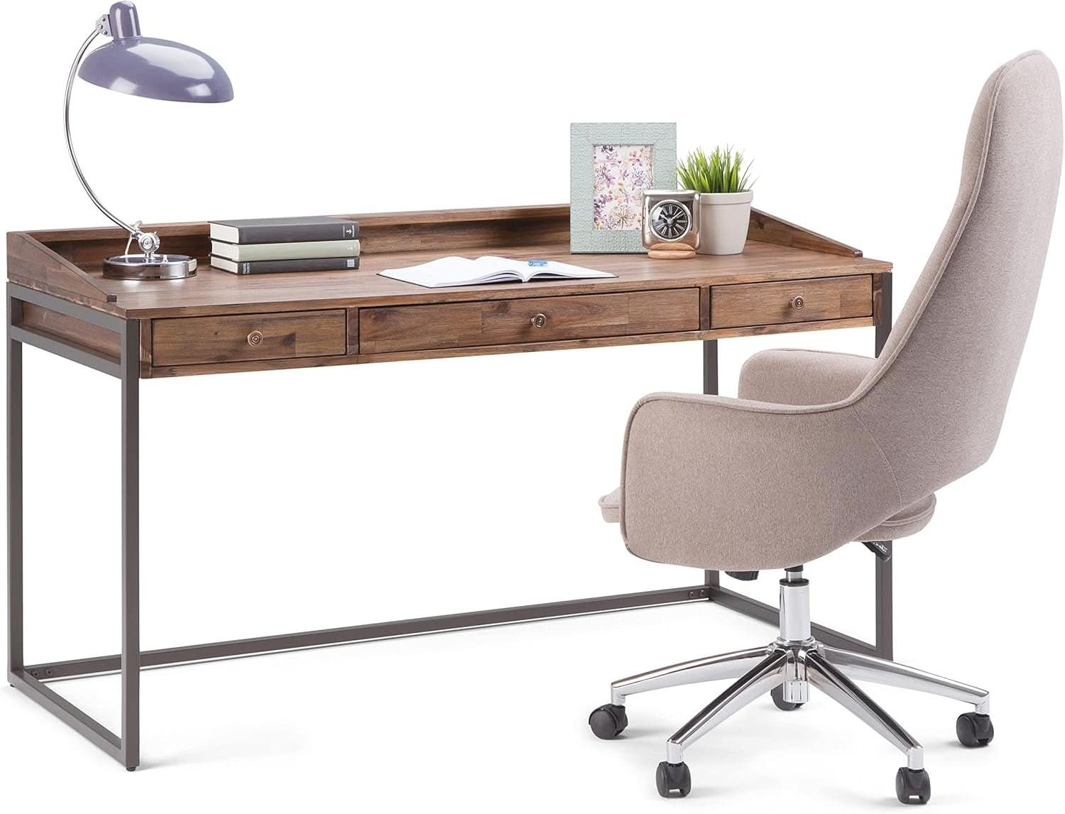 Rustic Acacia Wood and Metal Writing Desk with Drawers