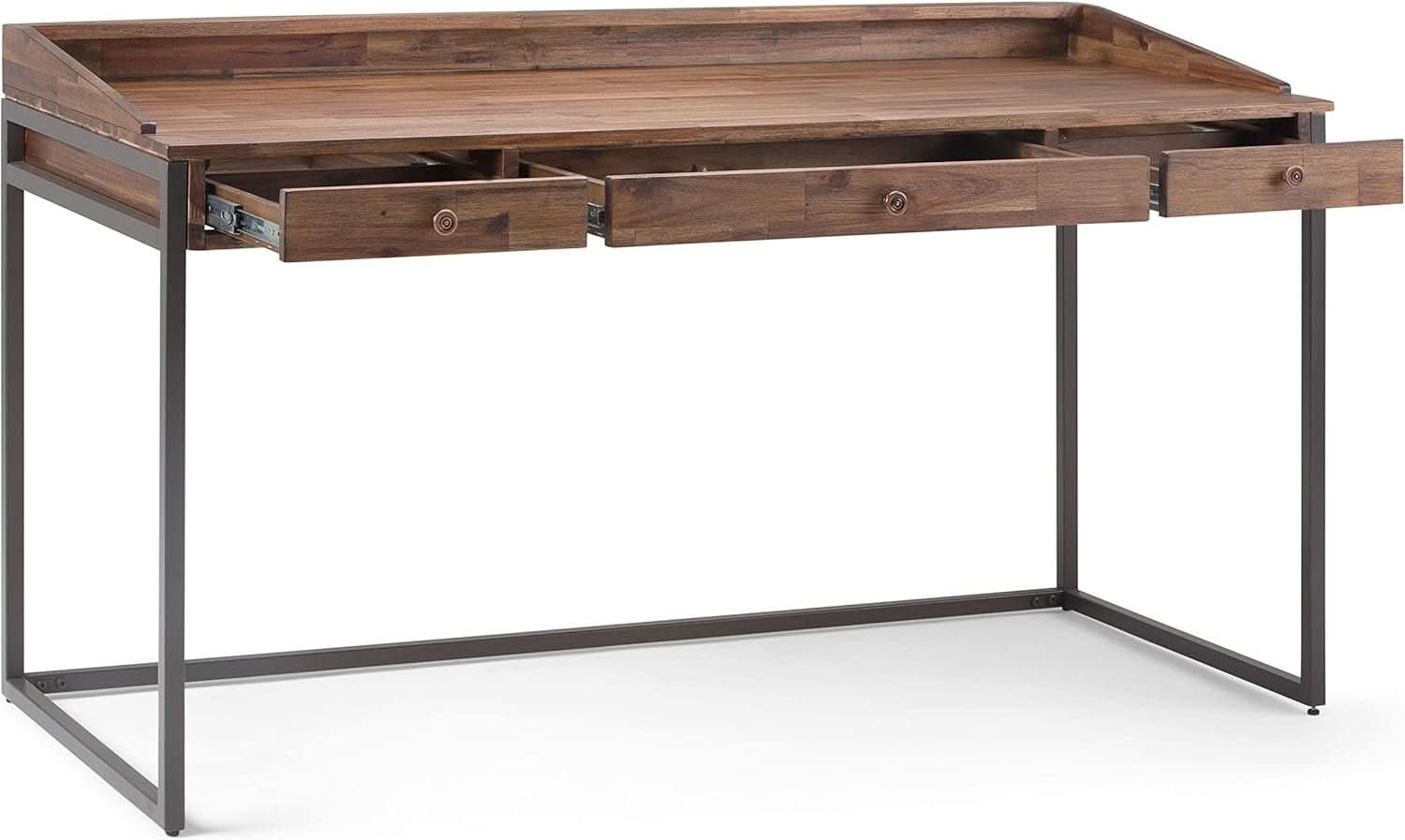 Rustic Acacia Wood and Metal Writing Desk with Drawers