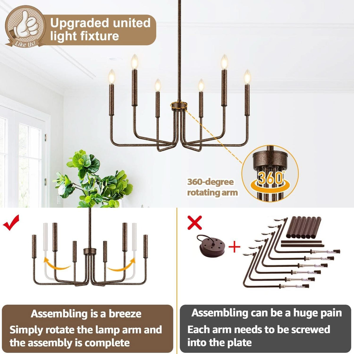 Rustic Black 6 Light Farmhouse Chandelier For Dining Room