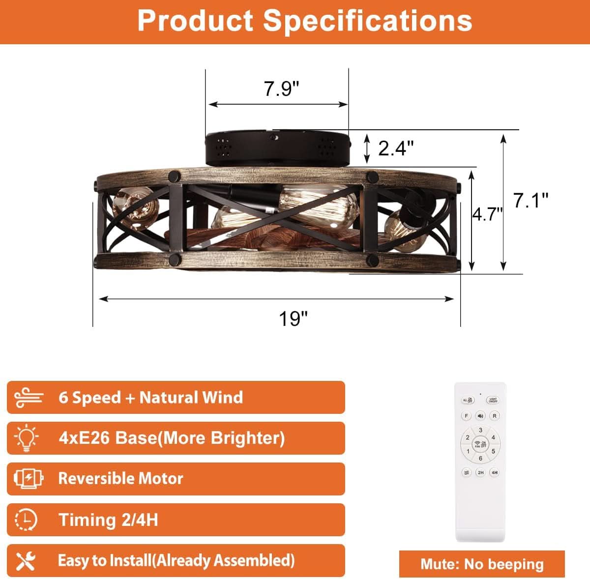Rustic Bladeless Ceiling Fan With Light And Remote 6 Speeds