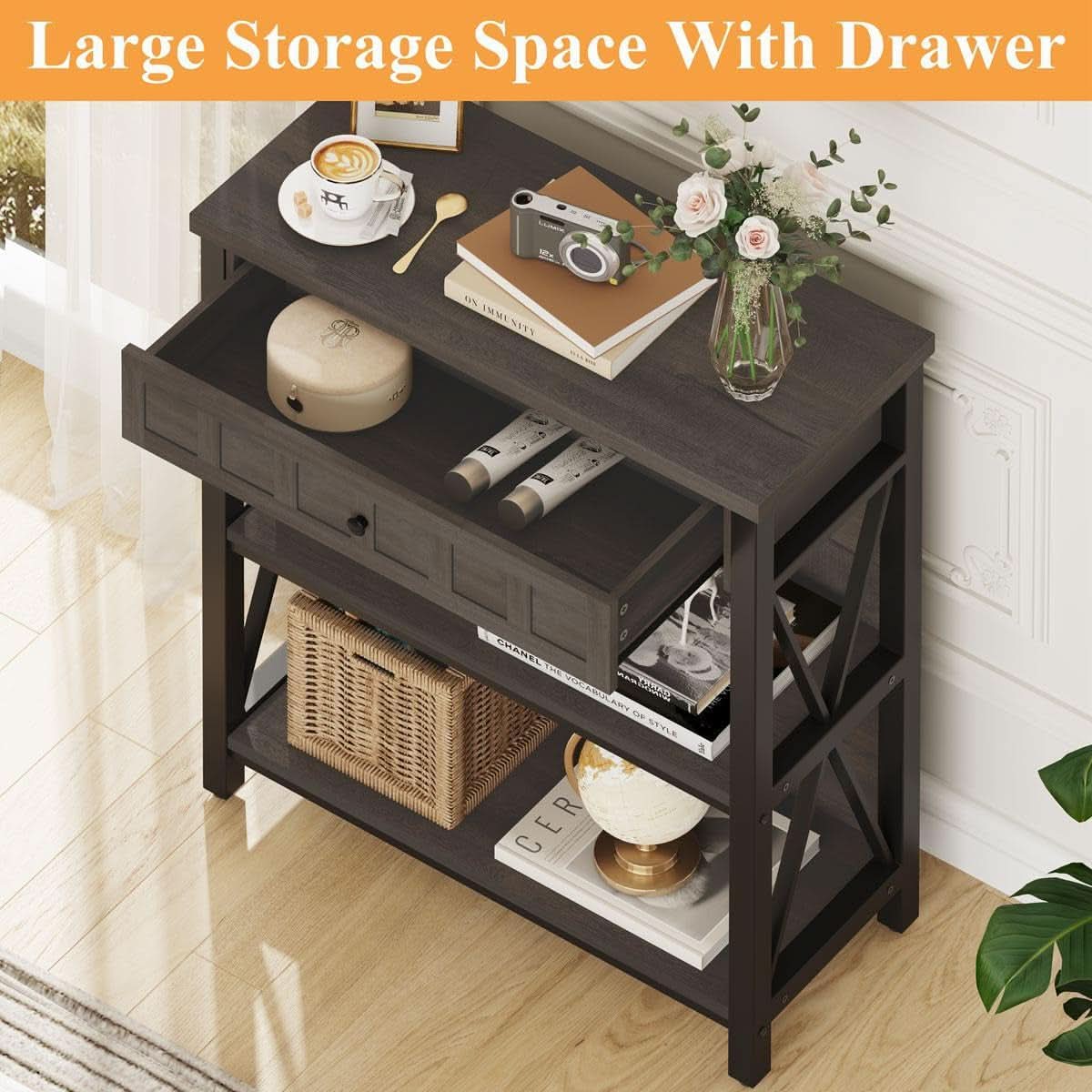 Rustic Bookshelf With Drawer Walnut Brown Industrial Wood And Metal