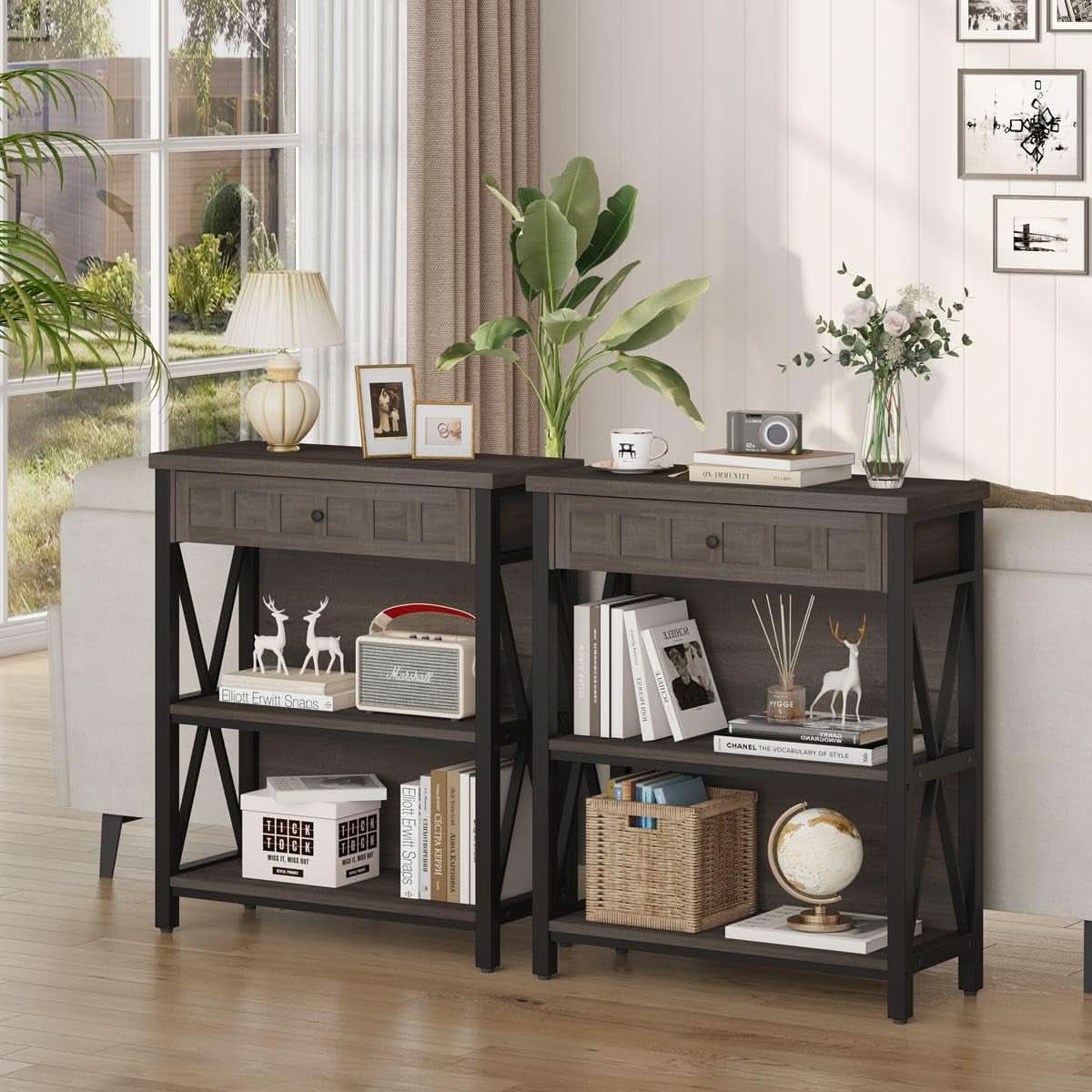 Rustic Bookshelf With Drawer Walnut Brown Industrial Wood And Metal