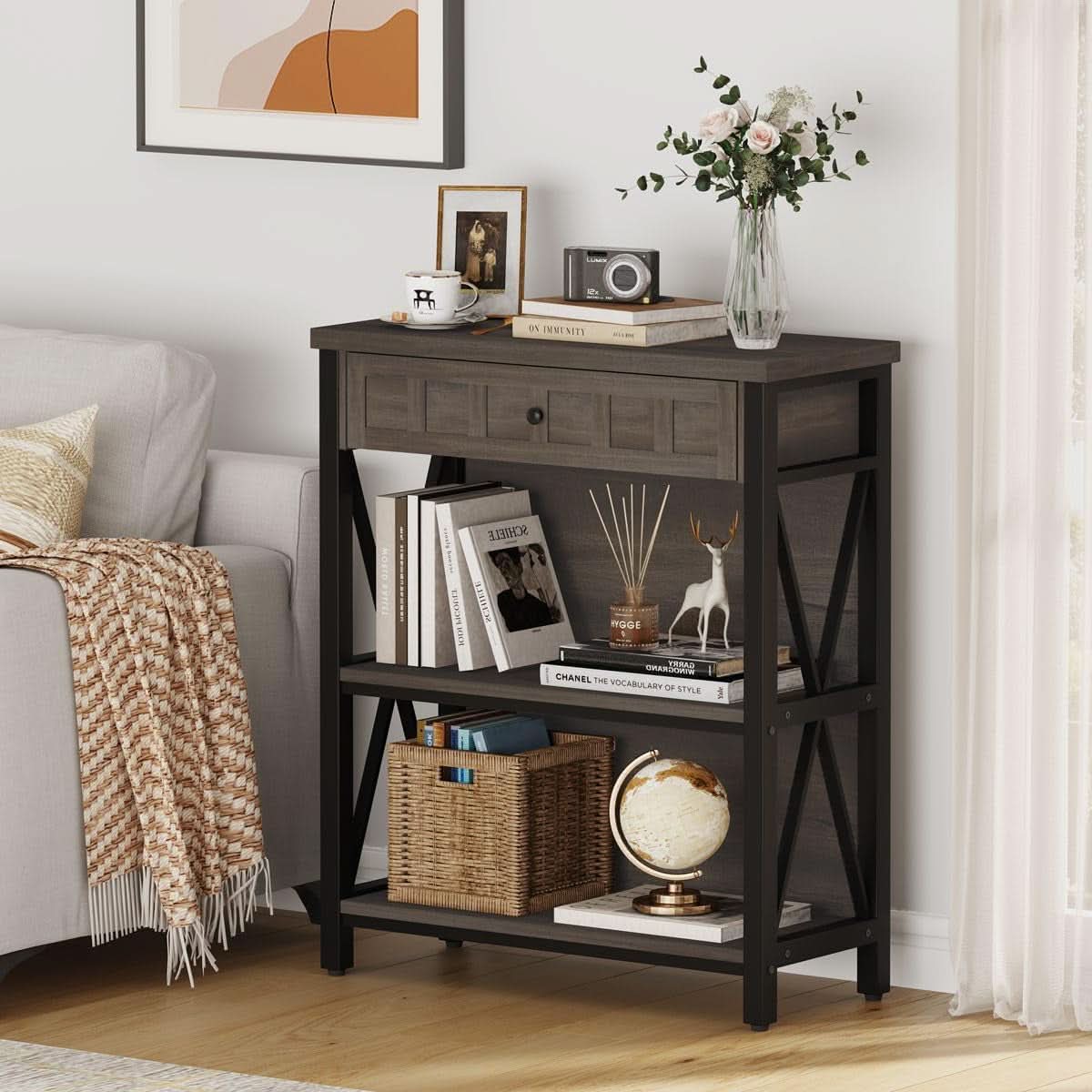 Rustic Bookshelf With Drawer Walnut Brown Industrial Wood And Metal