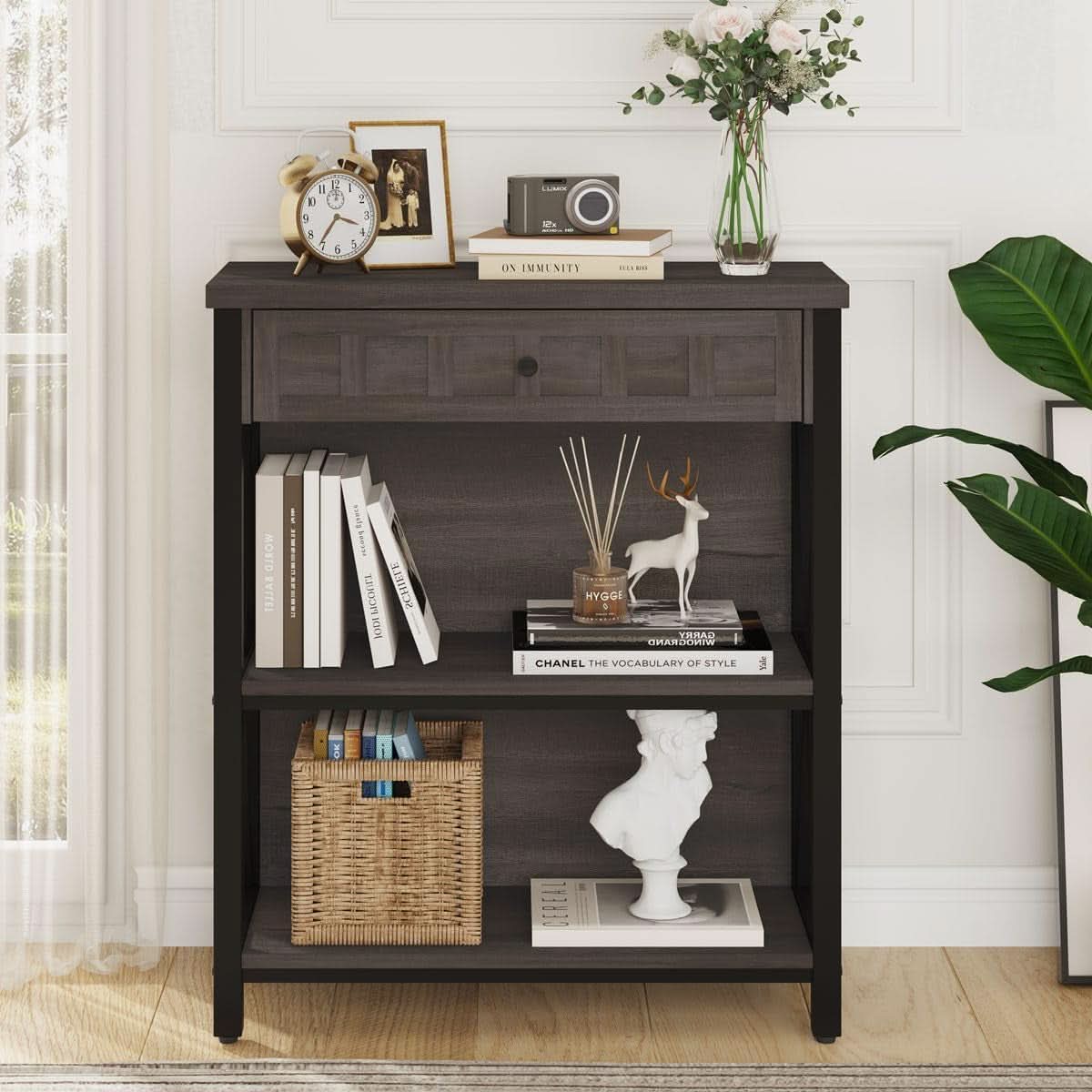 Rustic Bookshelf With Drawer Walnut Brown Industrial Wood And Metal