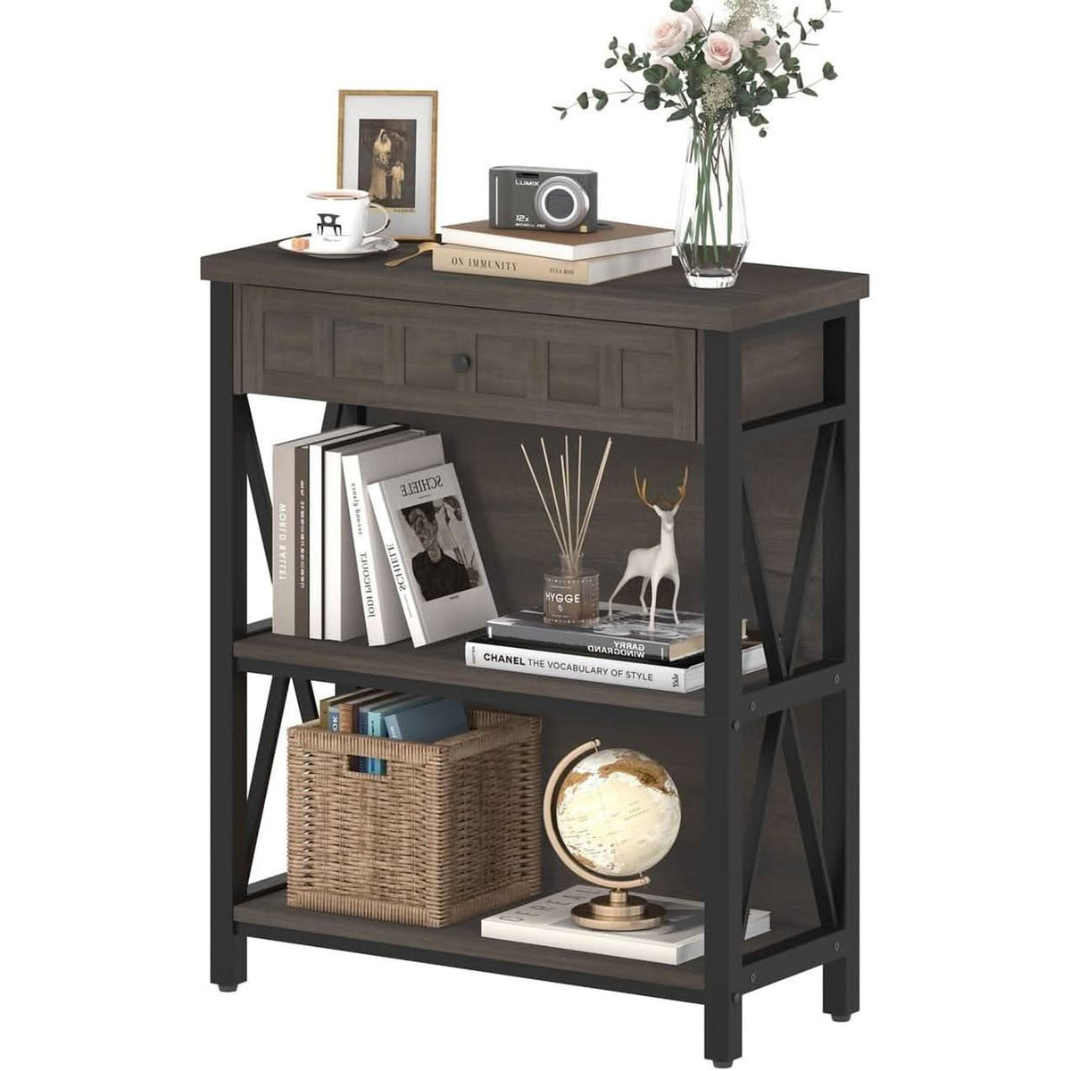 Rustic Bookshelf With Drawer Walnut Brown Industrial Wood And Metal