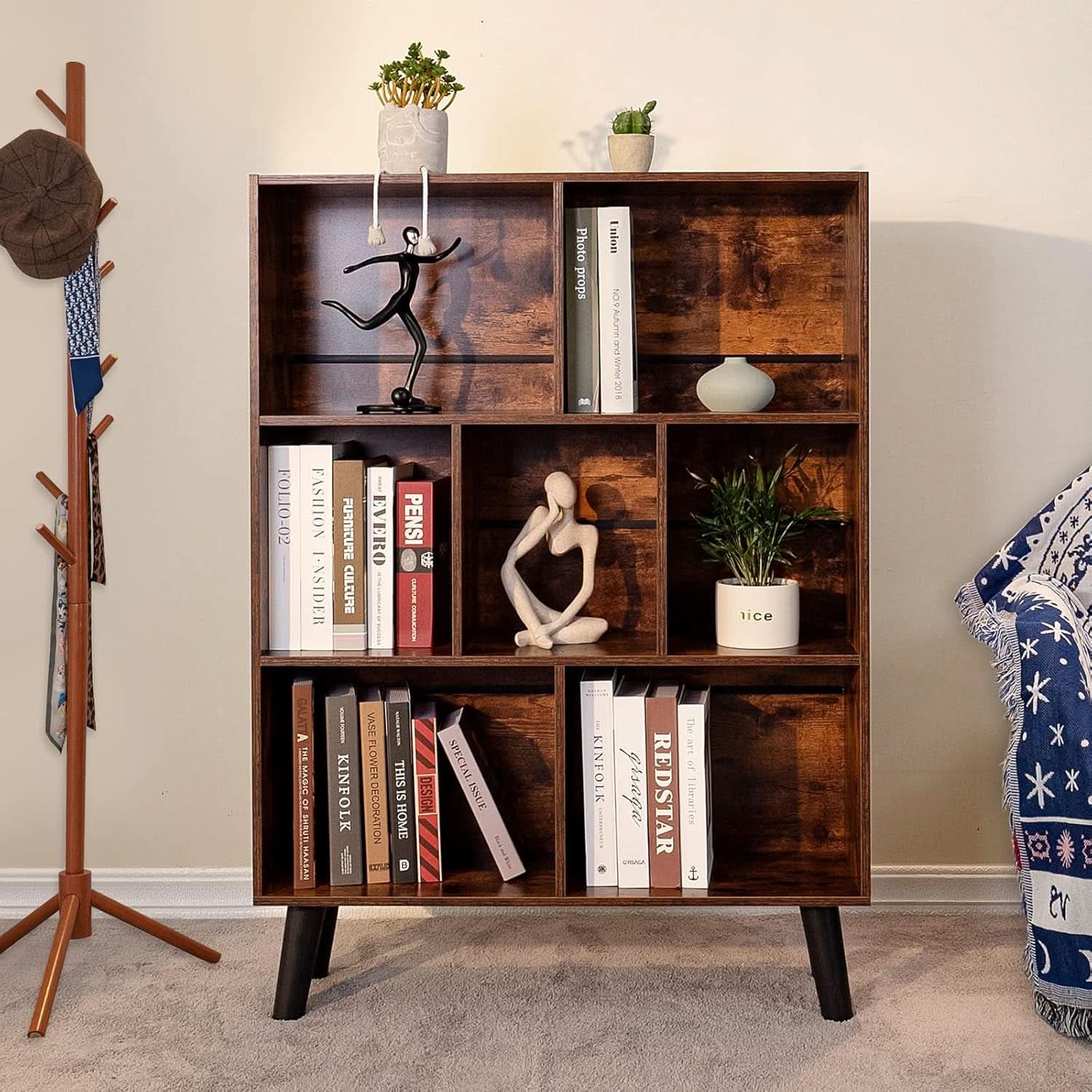 Rustic Brown 3 Tier Cube Bookshelf With Open Sides