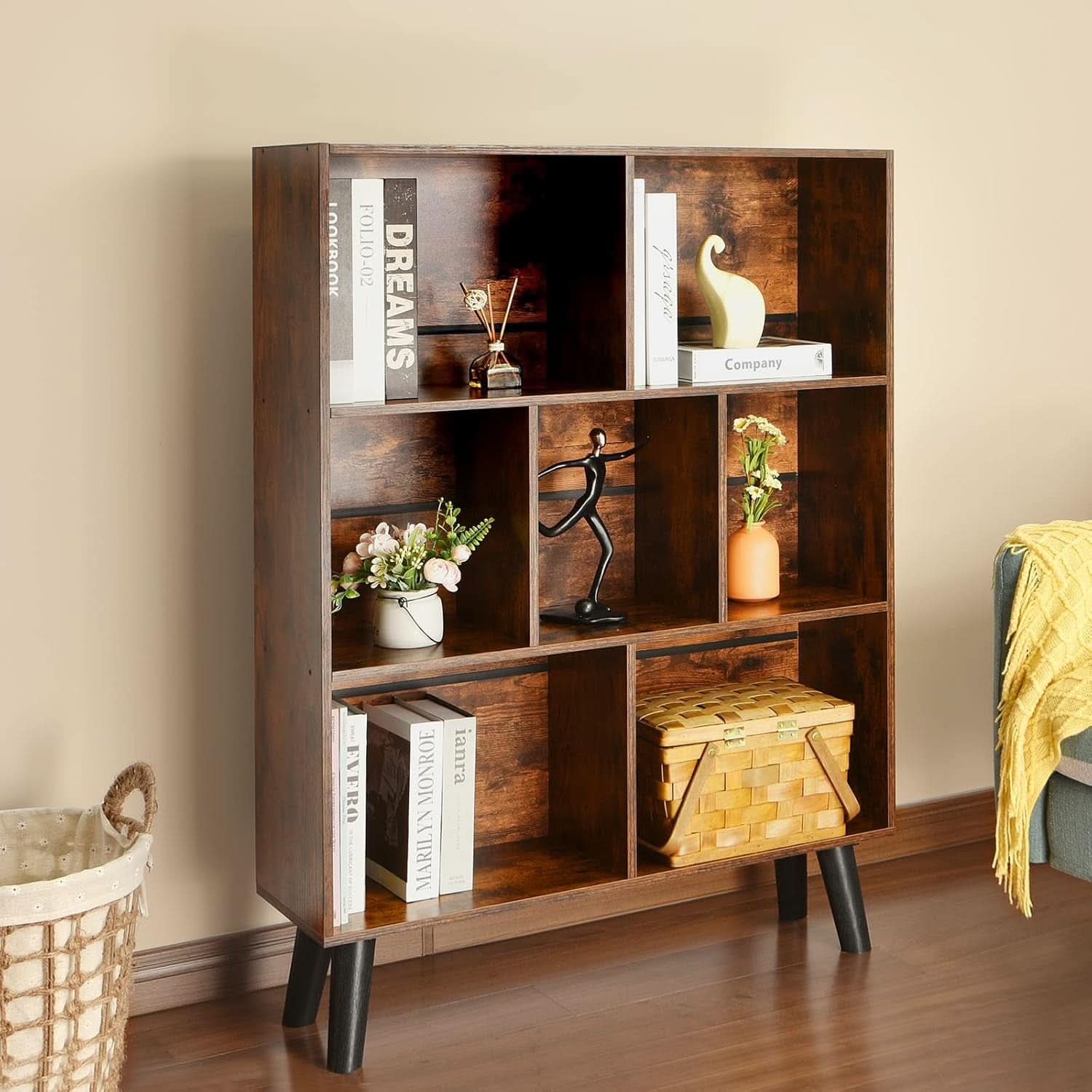 Rustic Brown 3 Tier Cube Bookshelf With Open Sides