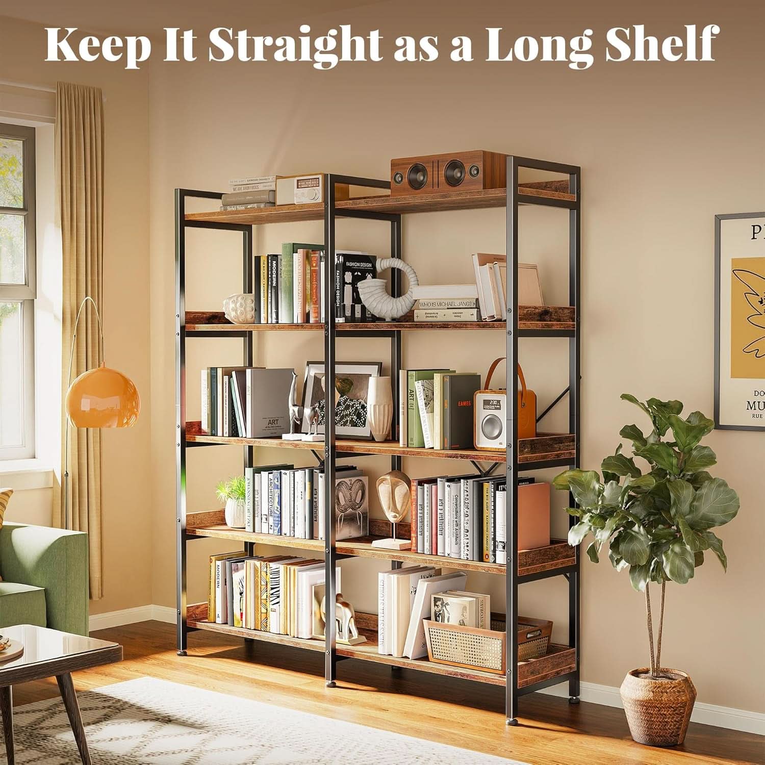 Rustic Brown 5 Tier Bookcase With Raised Edges For Living Room
