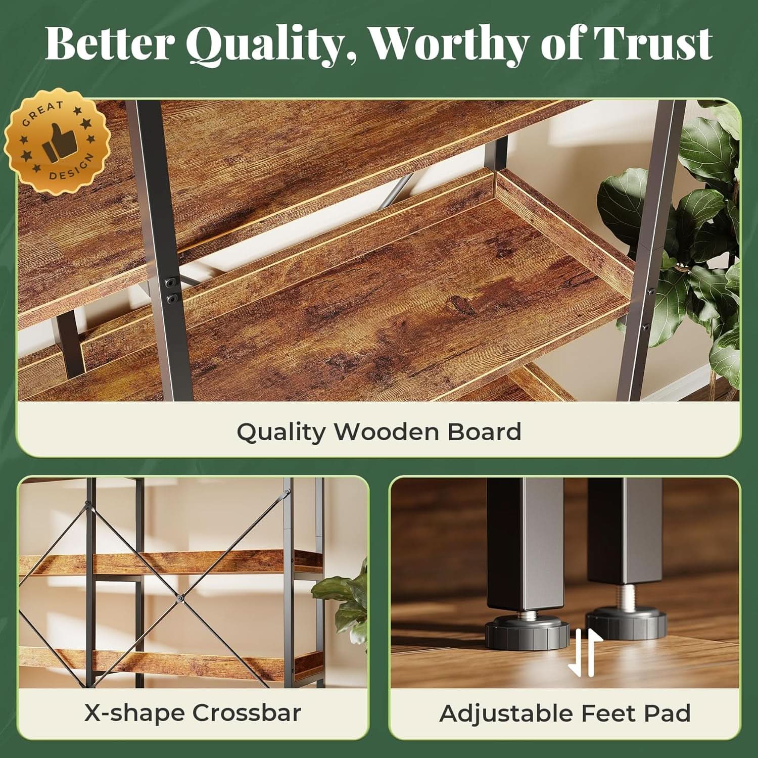 Rustic Brown 5 Tier Bookcase With Raised Edges For Living Room