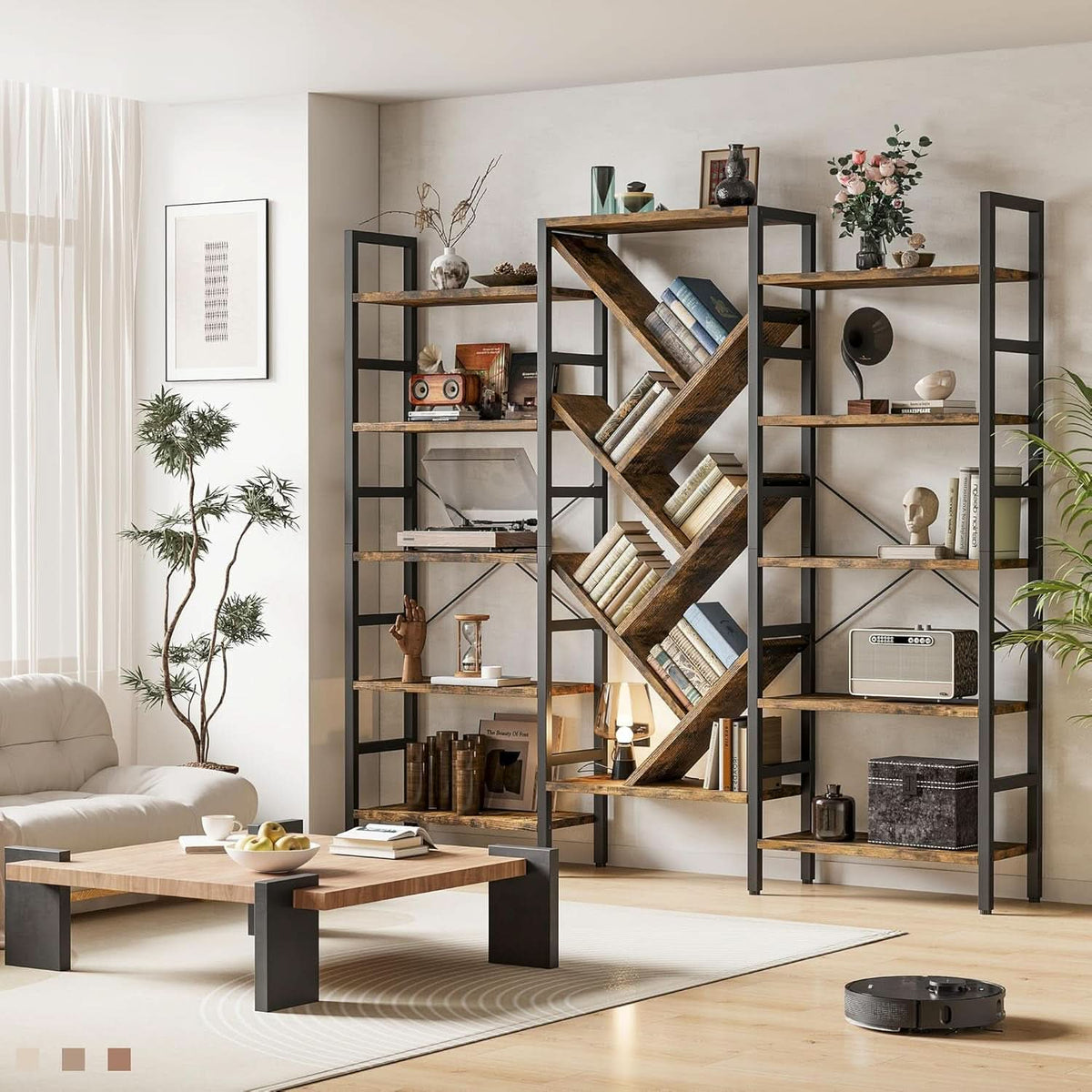 Rustic Brown 5 Tier Wooden Bookcase With Metal Frame