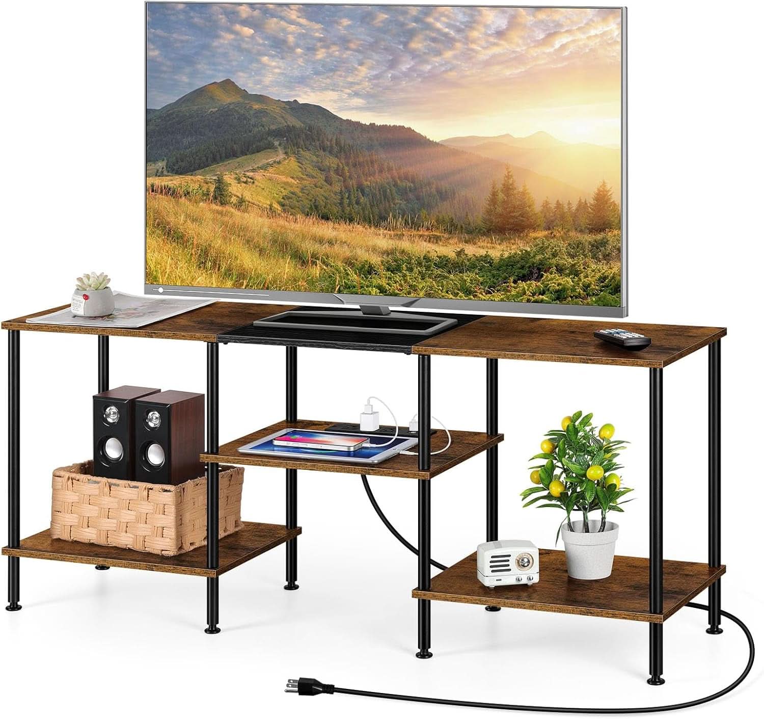 Rustic Brown 50 Inch TV Stand With Power Outlets And Shelf