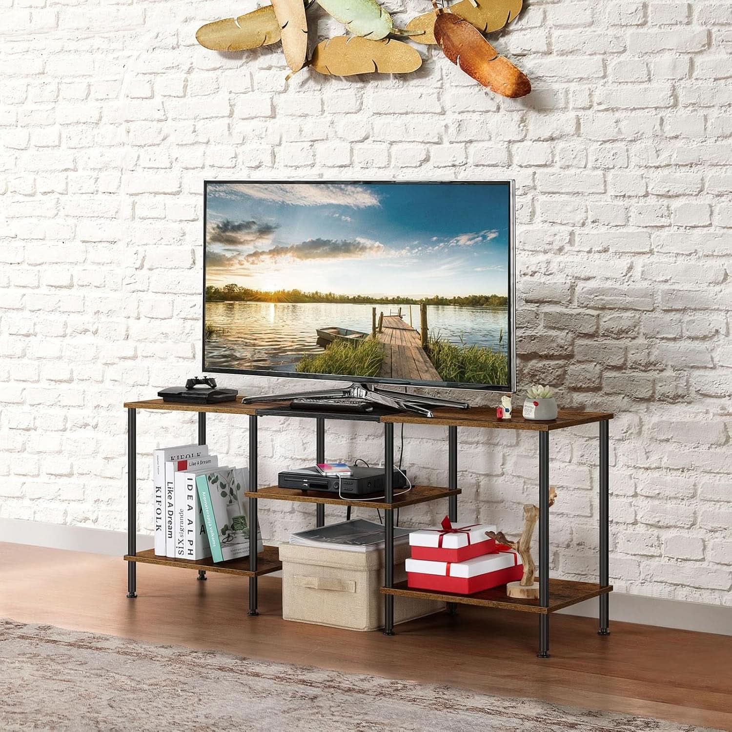 Rustic Brown 50 Inch TV Stand With Power Outlets And Shelf