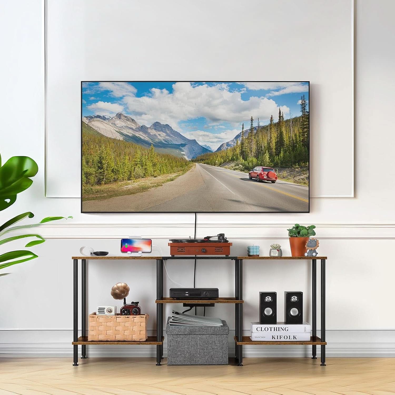 Rustic Brown 50 Inch TV Stand With Power Outlets And Shelf