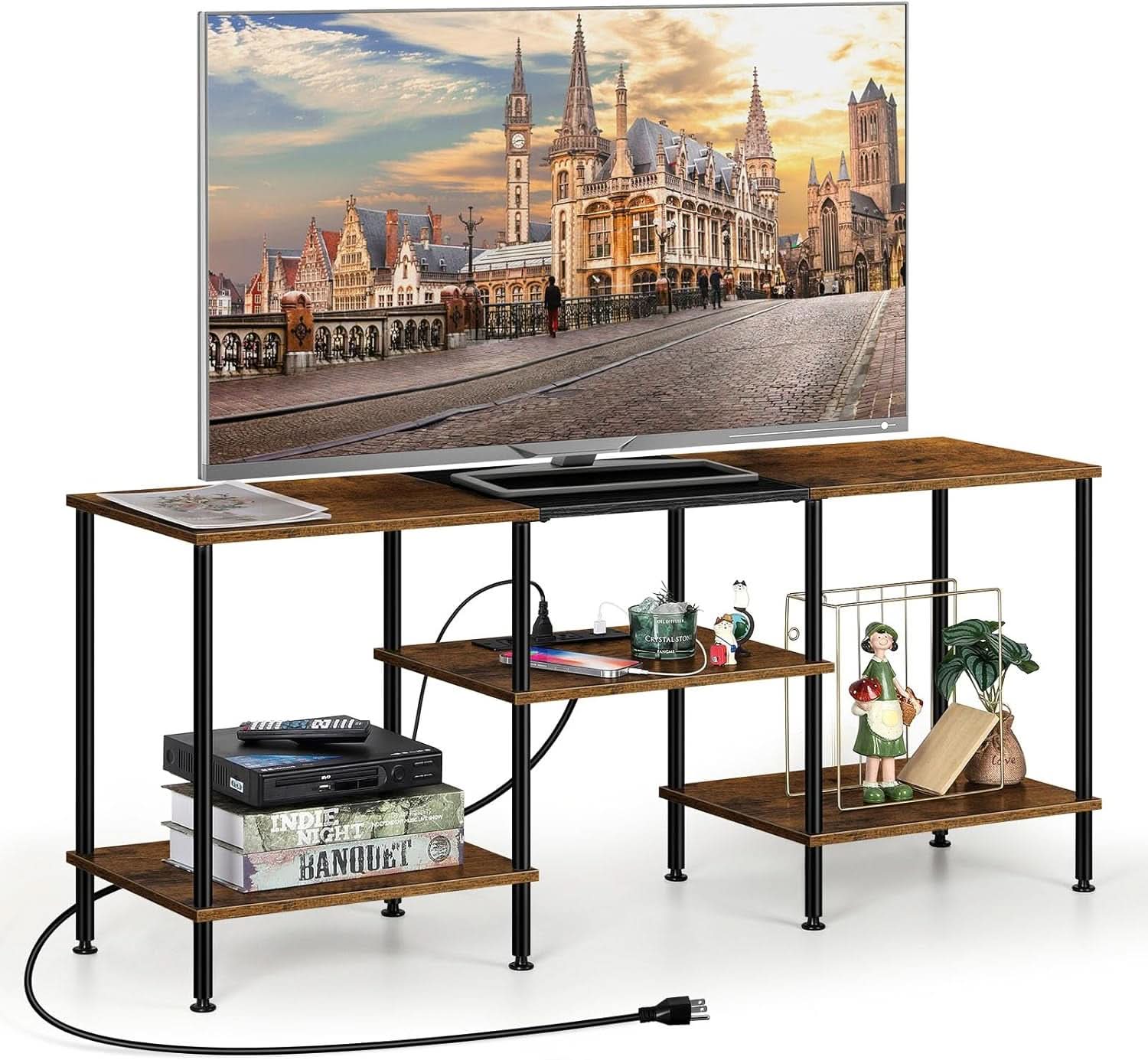 Rustic Brown 50 Inch TV Stand With Power Outlets And Shelf