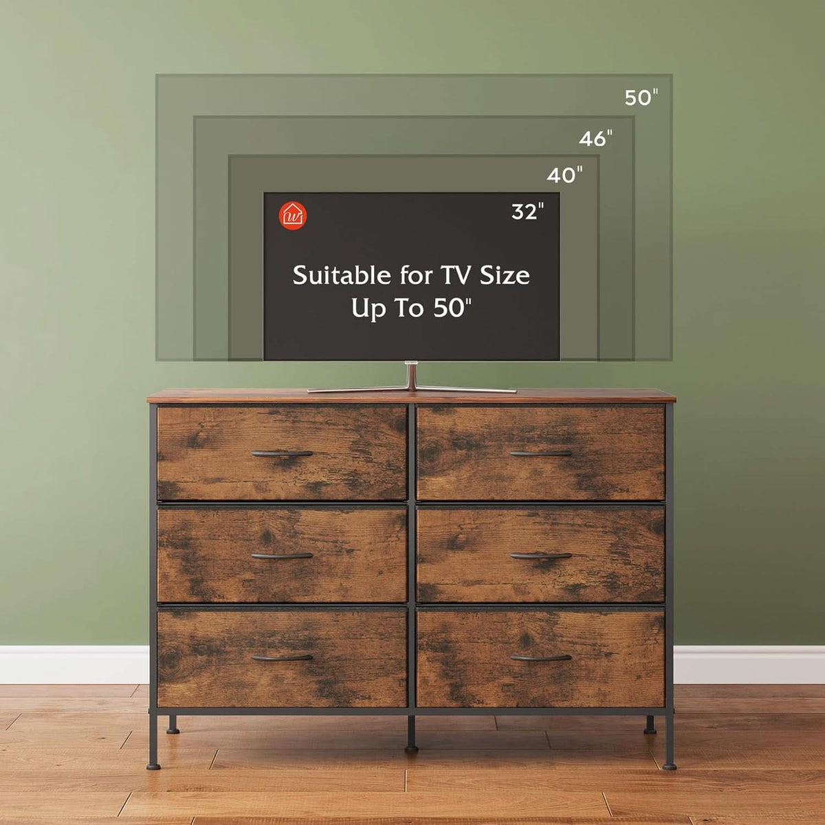 Rustic Brown 6 Drawer Dresser TV Stand For Bedroom