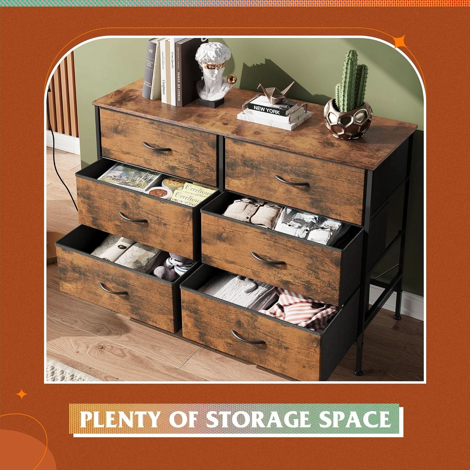 Rustic Brown 6 Drawer Dresser TV Stand For Bedroom