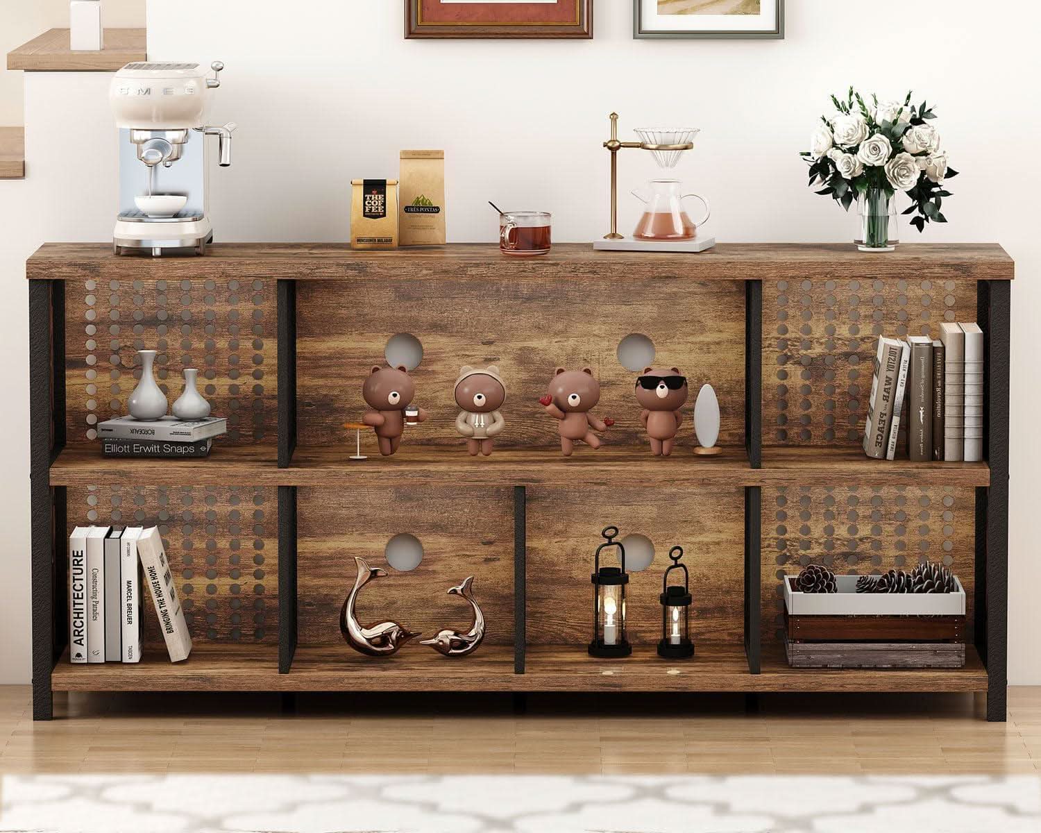 Rustic Brown 63 Inch Bookshelf Cube Storage Five In One