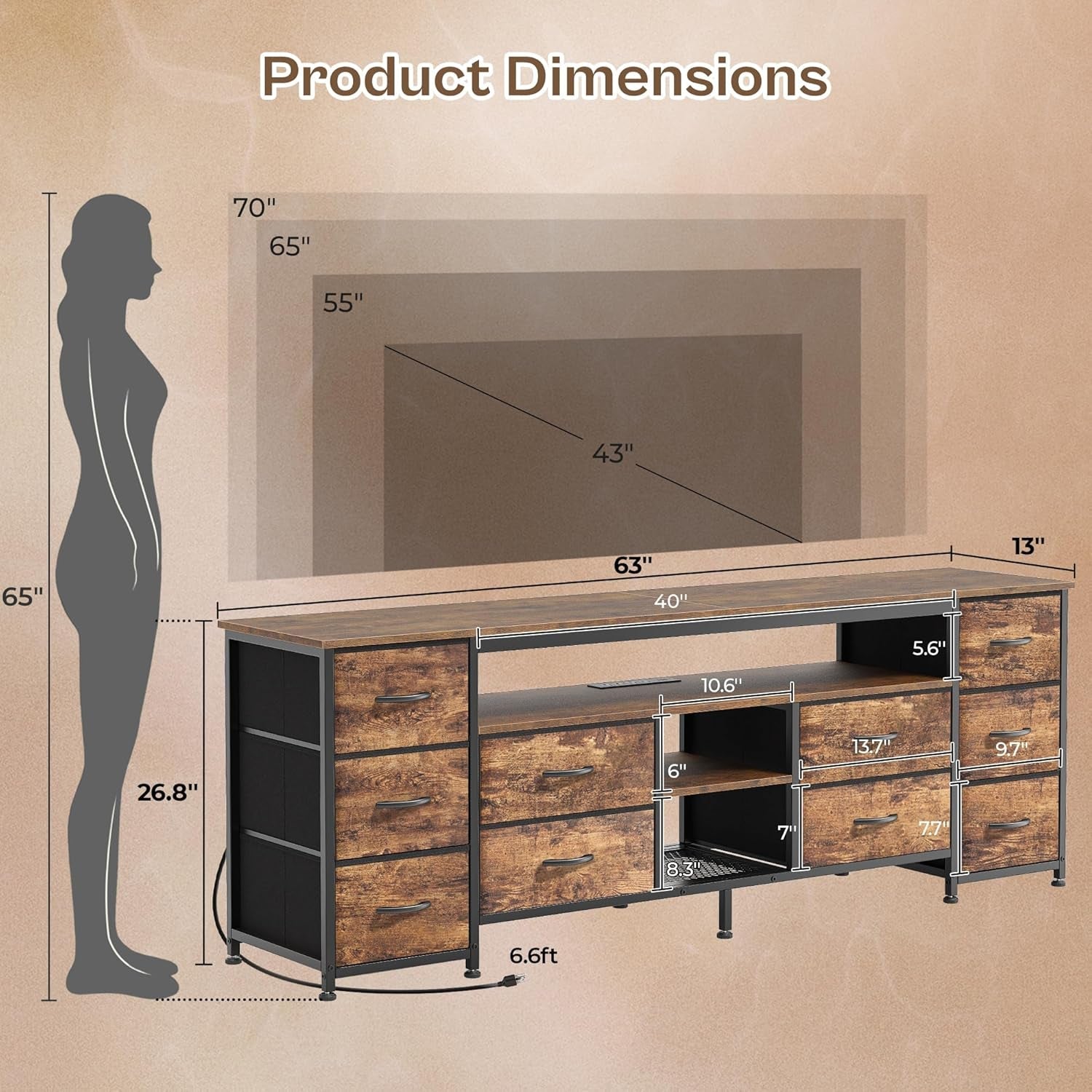 Rustic Brown 63 Inch Multifunctional LED TV Stand USB Ports