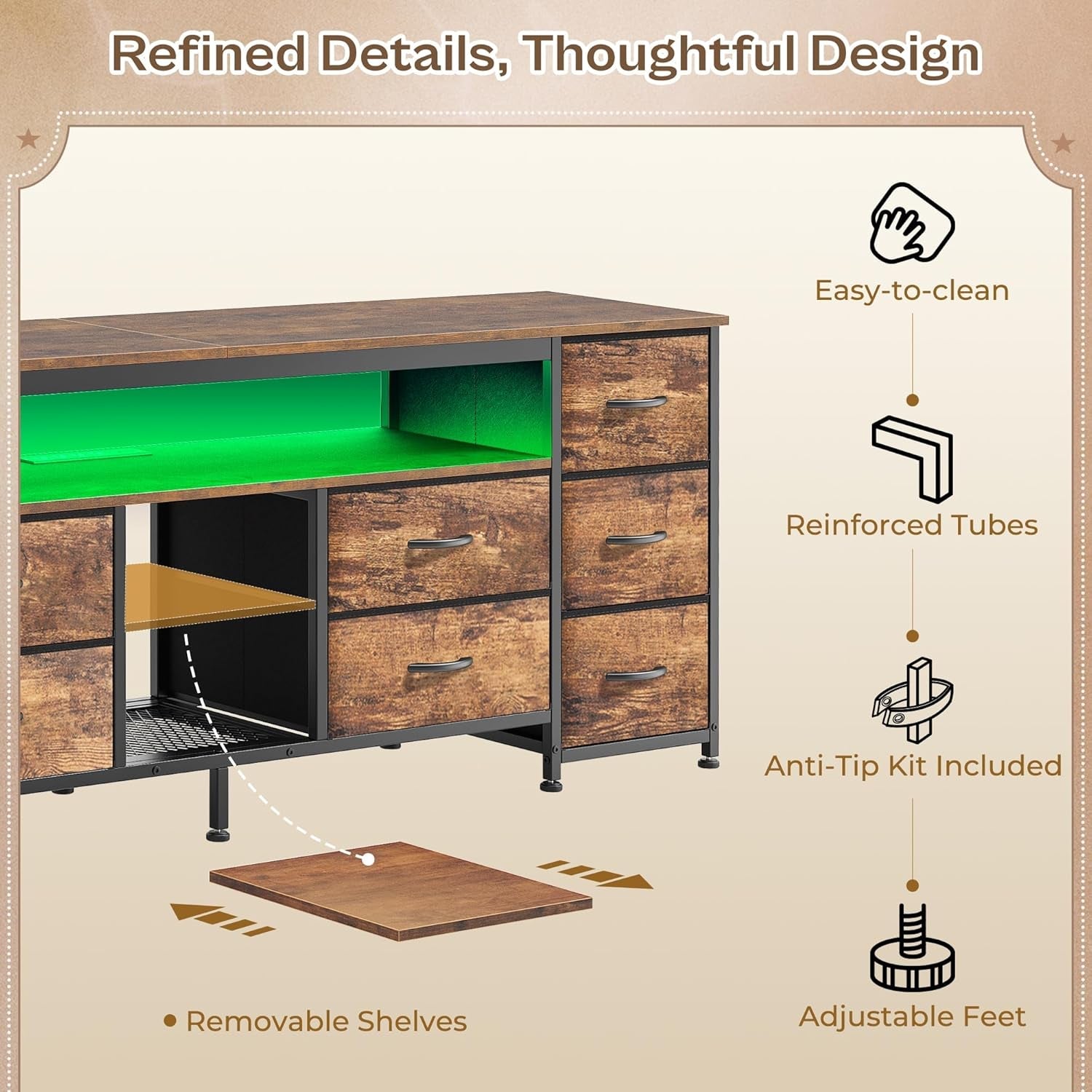 Rustic Brown 63 Inch Multifunctional LED TV Stand USB Ports