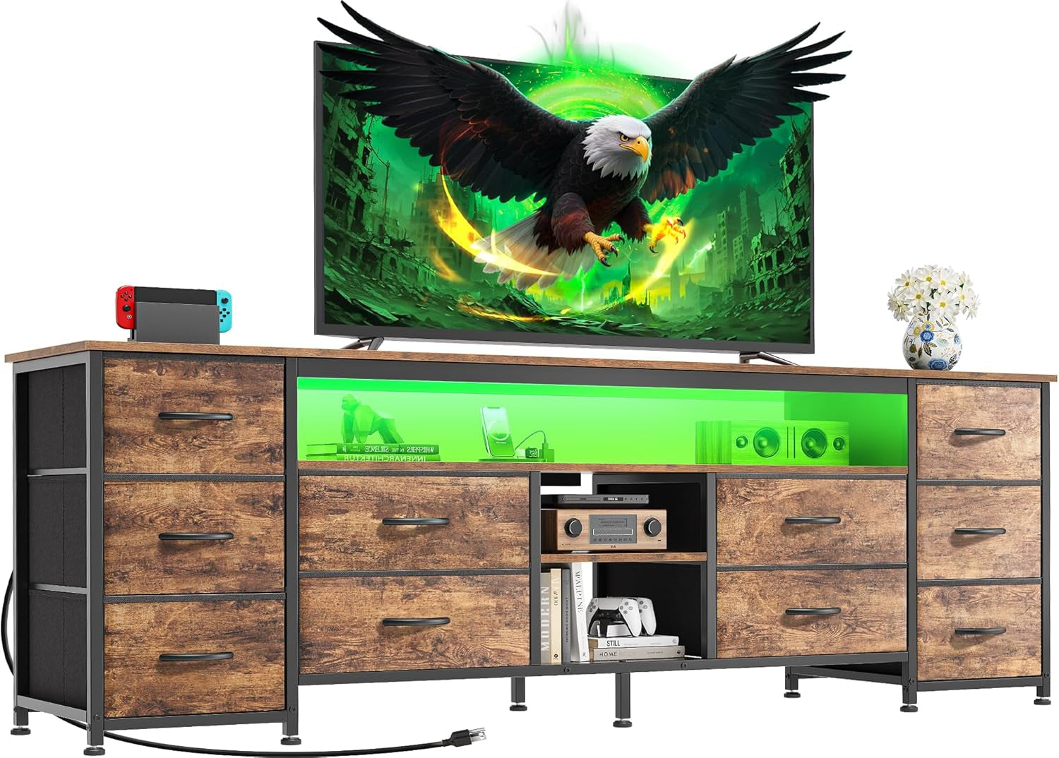 Rustic Brown 63 Inch Multifunctional LED TV Stand USB Ports