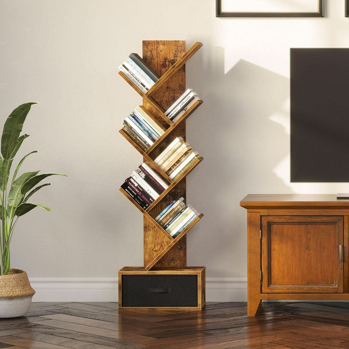 Rustic Brown 7 Shelf Tree Bookshelf With Drawer Living Room